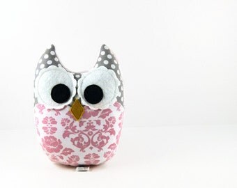 Light Pink Damask Gray Owl Plush Baby Toy Stuffed Animal Ready to Ship