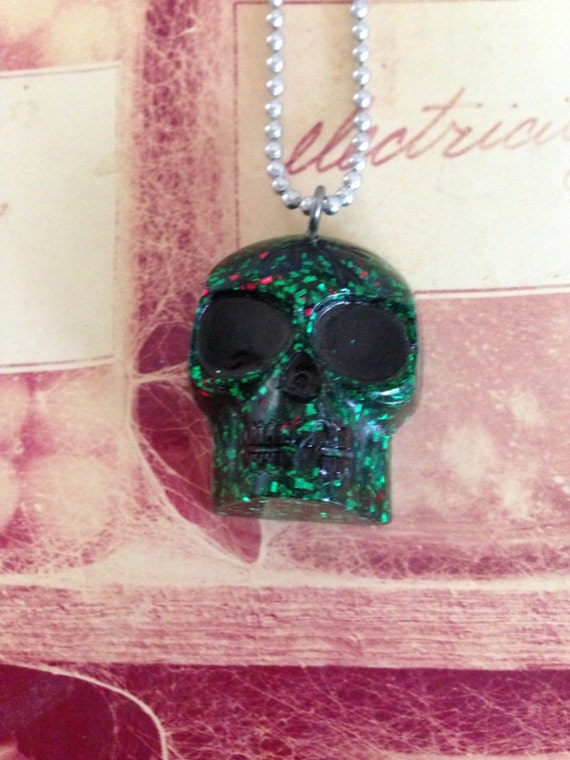 Green and Red Glitter Resin Skull Necklace
