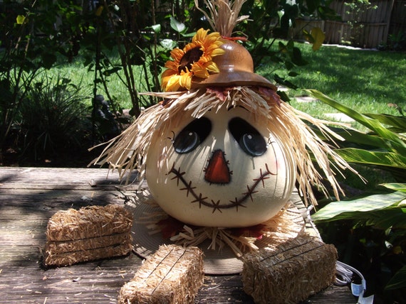 Items similar to Scarecrow Lamp Large Painted Gourd Art Autumn Home ...