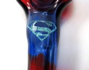 Hand Blown Glass Superman Dichro Image Tobacco Pipe Pyrex Red Blue Clark Kent Superhero