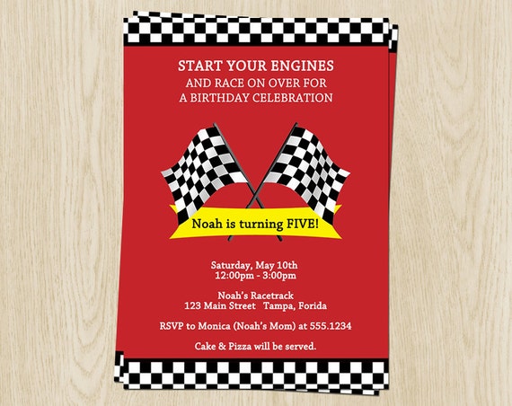 Race Track Birthday Party Invitations Boys Red Checkered