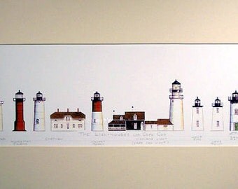 Lighthouses of Cape Cod Art Signed Robert Kline Matted 10" x 20" Print Nauset Beach Chatham Wood End Nobska Long Point Nautical Home Decor