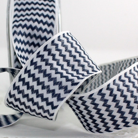 Wired Navy Blue & White Chevron Ribbon 1.5 wide by the