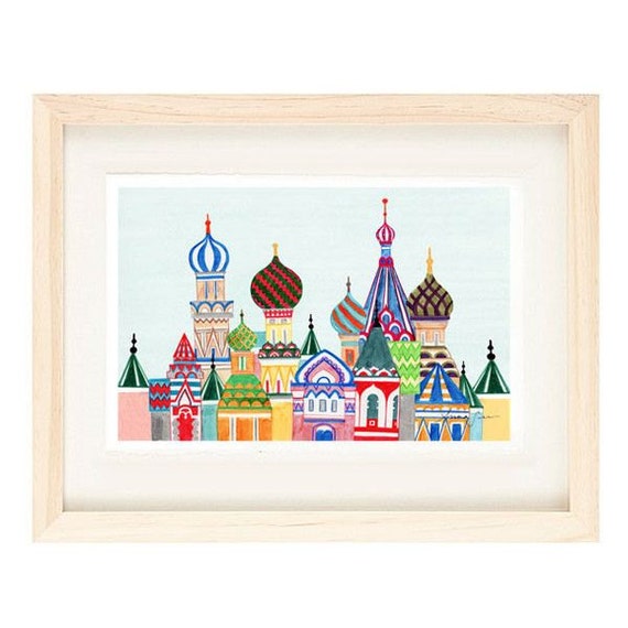 MOSCOW, RUSSIA - Russian Architecture 12 x 18 Colorful Illustration Art Print For Home, Cathedral, Red Square Buildings