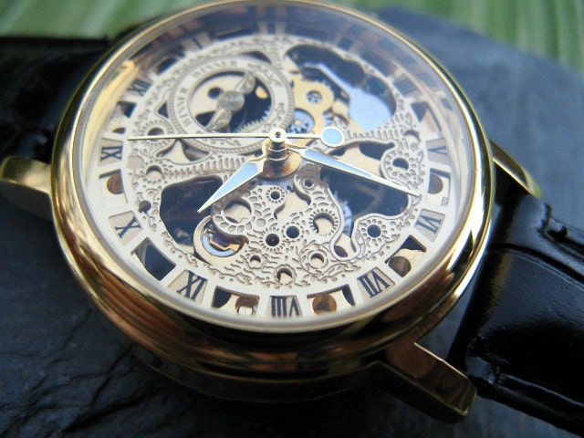 Women's Goldtone Mechanical Wrist Watch with Black Leather Wristband, Steampunk - Watch - Item MWA155
