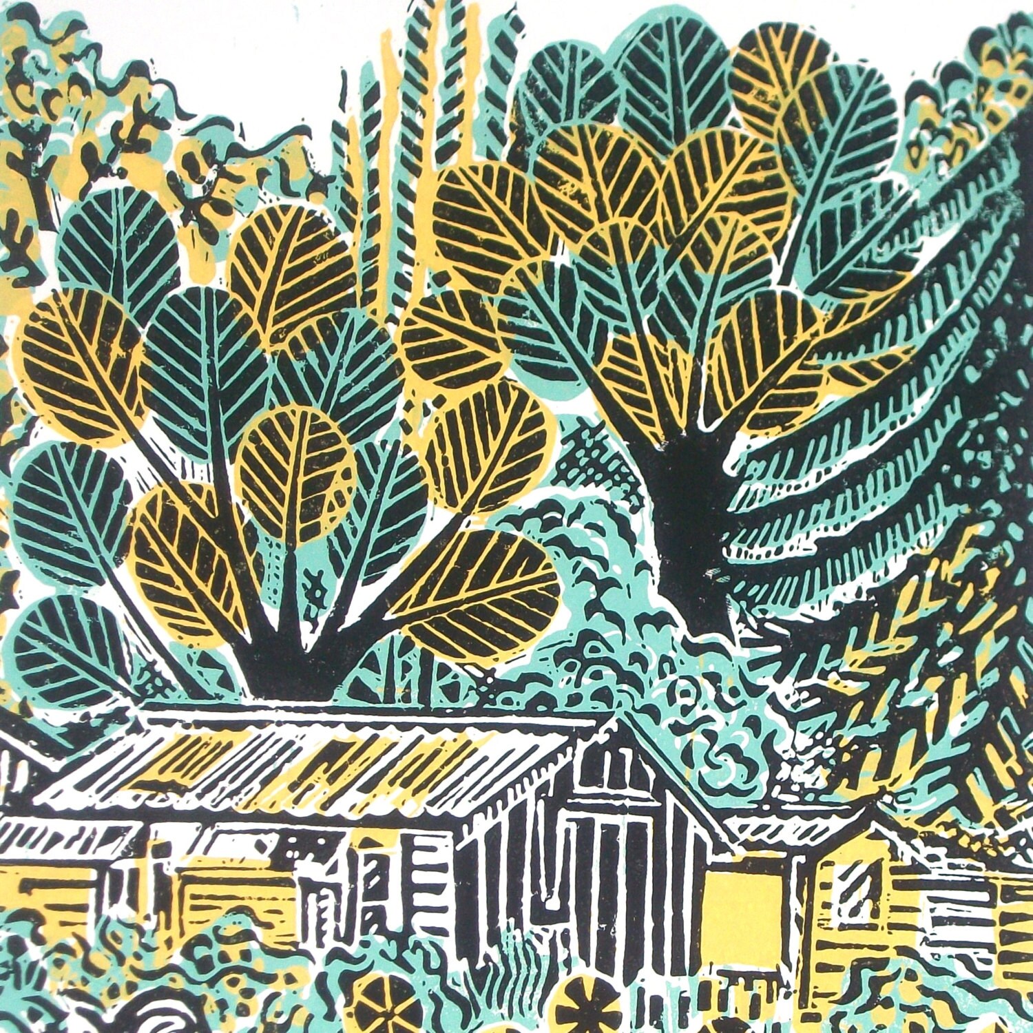 Wilderness with Shed Original Linocut Relief Print