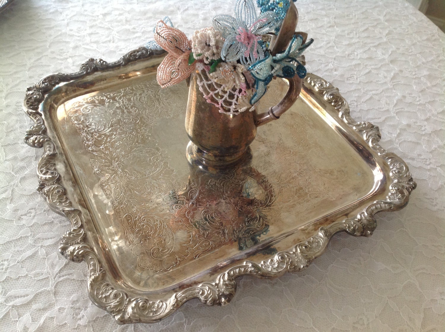 Beautiful Vintage Silver Plated Tarnished Tray Serving Platter