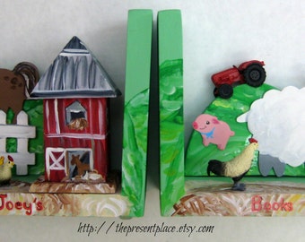Hand painted farm bookend,red barn,horse,sheep,farm decor,farmyard bookend,boys bookends,kids bookends,personalized,bookends for children