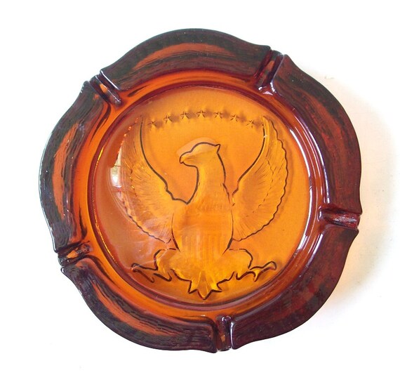 vintage 50s huge amber glass federal eagle ashtray orange
