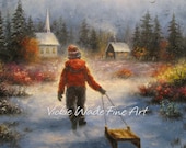Heading Home Art Print boy sledding paintings church country winter snow sledding, Vickie Wade Art Heading Home Art Print boy sledding paintings church country winter snow sledding, Vickie Wade Art
