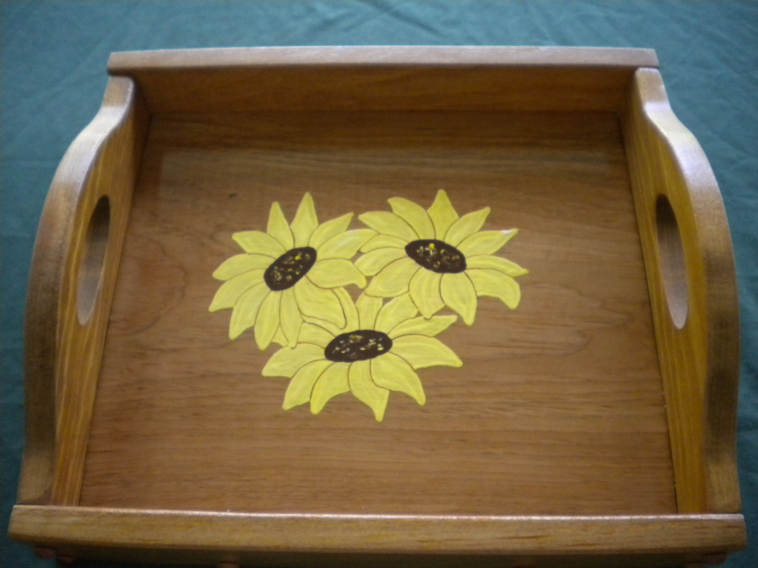 serving tray wooden receptacle acrylic painting sunflower