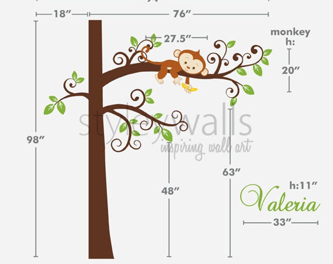 Monkey Wall Decal, Monkey and Tree Wall Decal, Jungle Wall Decal, Jungle Monkey Personalized Nursery Baby Room Decor Wall Art Wall Sticker