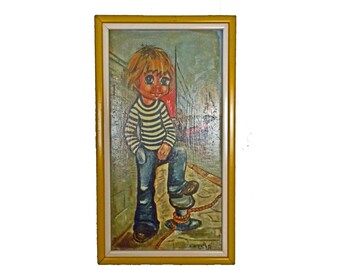 Vintage Painting Big Eyed Boy Sailor Boy Sailboat Framed Art 60s 70s