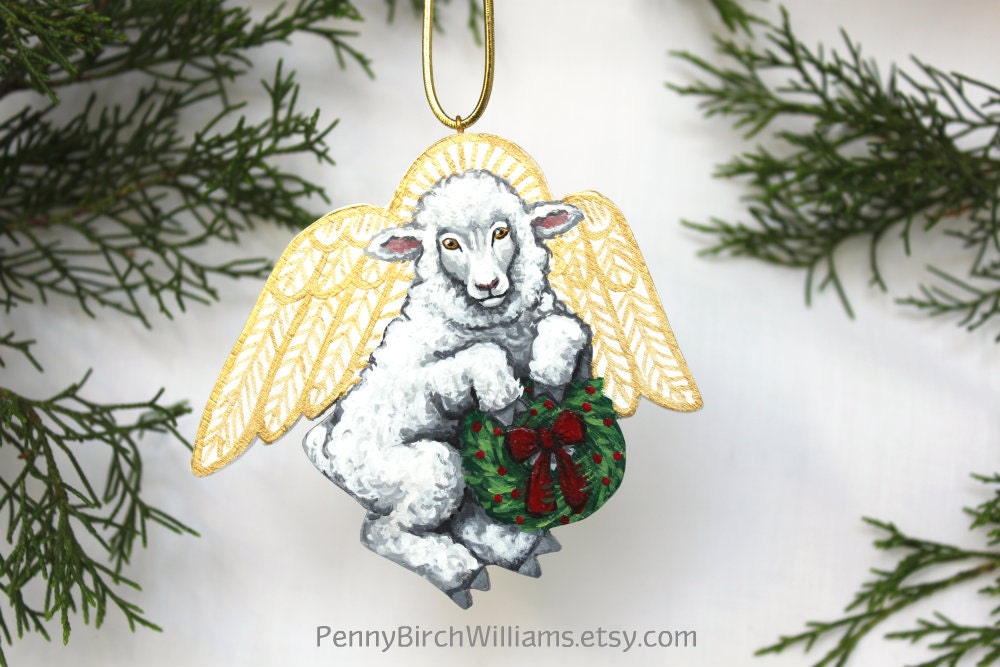 Sheep Angel Ornament - Lamb Angel Christmas Decoration - Handmade Painted Wood Holiday Decor