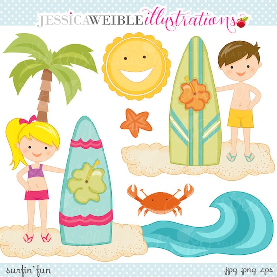 Surfin Fun Cute Digital Clipart - Commercial Use OK - Surf Kids - Kids Surfing - Surfing Graphics, Summer Il_570xn