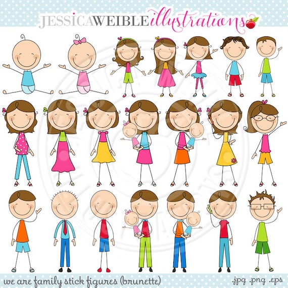 BRUNETTE We Are Family Stick Figures Cute Digital Clip Art - Commercial ...