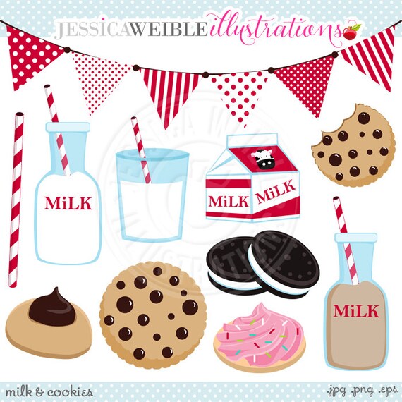 Milk & Cookies Cute Digital Clip Art - Commercial Use OK - Chocolate Milk Graphics, Cookies and Milk Clipart, Milk Carton, Cookies Clipart Il_570xn