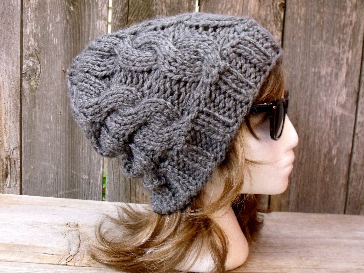 Women's Chunky Cable Knit Hat in Medium Grey Slouchy by beatknits