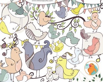 Bird Clip Art Images - Whimsical & Cute Bird ClipArt - HandDrawn Buntings, Tree Branch - Digital Graphics for Invitations