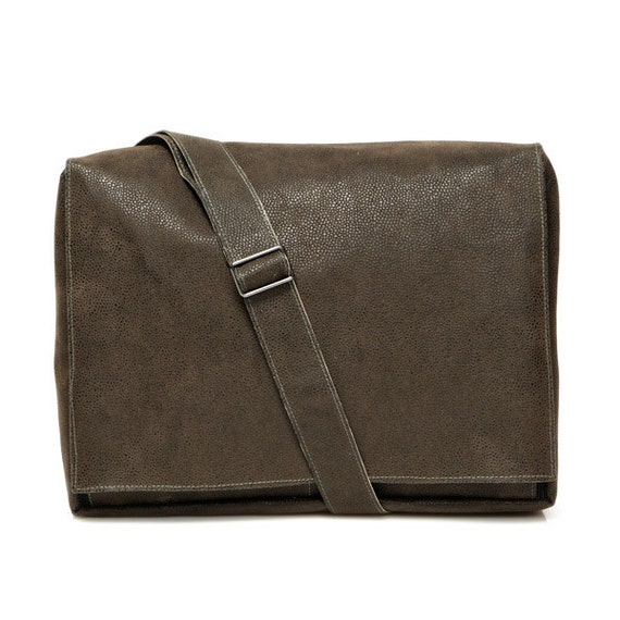 Brown Faux Leather Padded Messenger Bag Vegan Laptop Bag