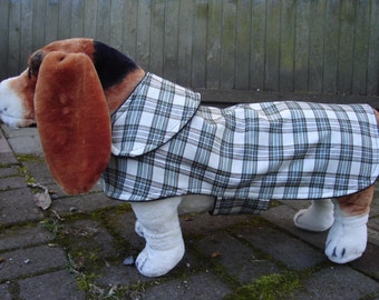 Cream and Green Plaid Dog Coat- Medium - 14-16 Inch Back Length - Or Custom Size
