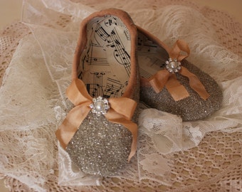 Ballet Shoes ~ vintage style decorative ballet shoes with vintage sheet music and glass glitter
