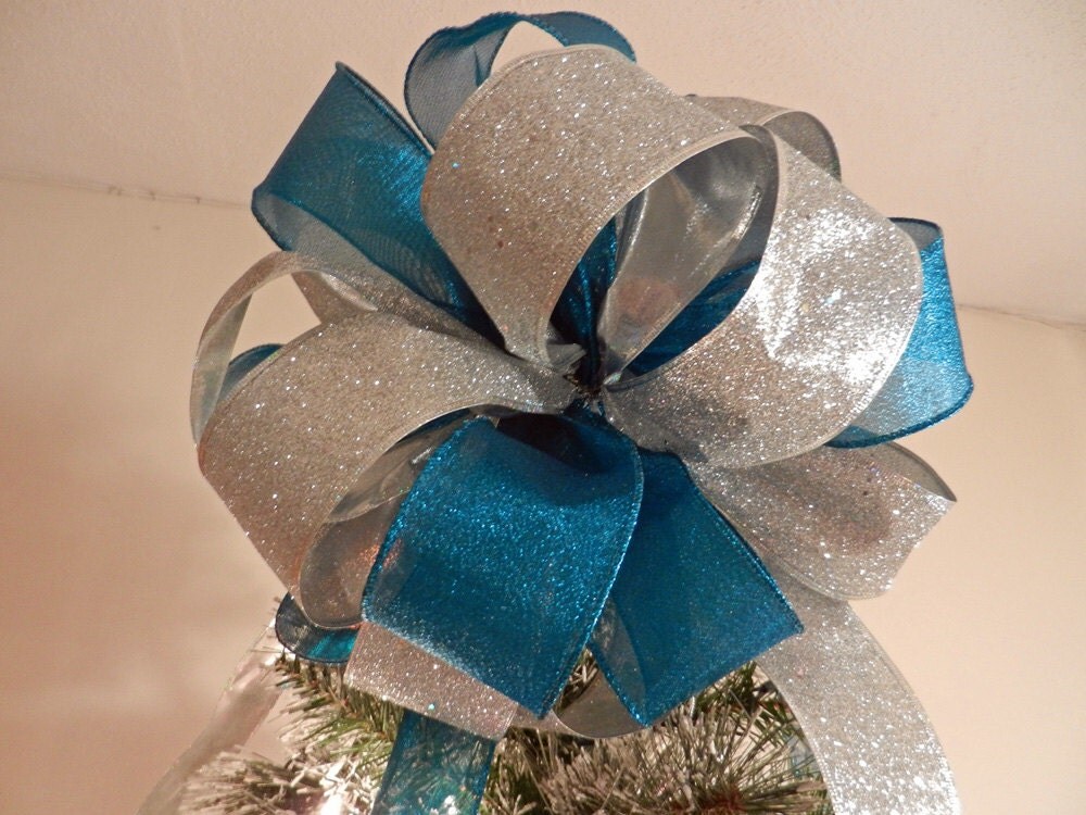 large christmas tree topper bow teal and silver glitter large christmas tree topper bow teal and silver glitter