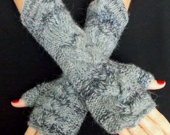 Handknitted Fingerless Gloves Grey Black Arm Warmers Cabled Handmade Warm