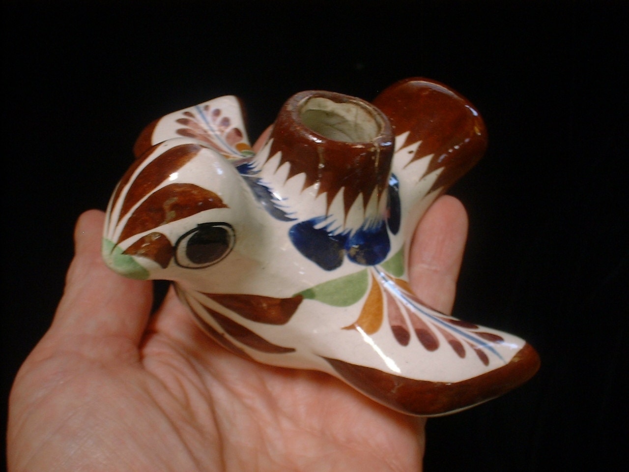 Sweet Ceramic BIRD CANDLE HOLDER Mexico Hand Painted 70s