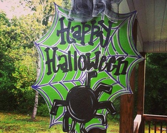 Happy Halloween Spider Web Wood Cut Out Hanger