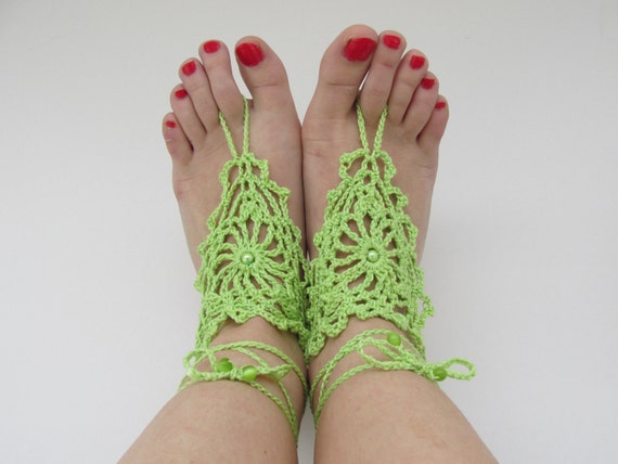 ... crocheted Giza cotton yarn barefoot sandals in light, spring bud green