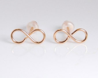 Rose gold infinity earrings, post earrings, entirely with 14K rose gold filled material