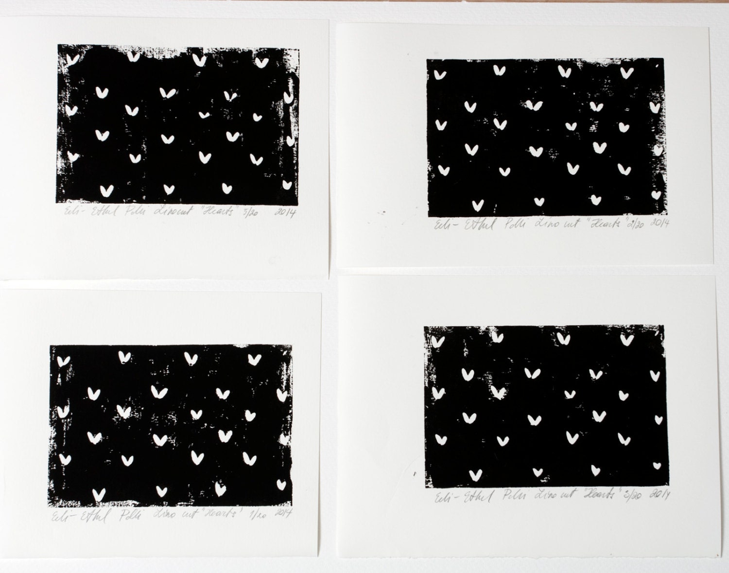 heart paper linocut original hearts black white by EeliArtStudio