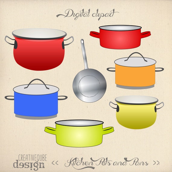 kitchen Digital Clipart Clip Art, retro Vectors Pots and Pans