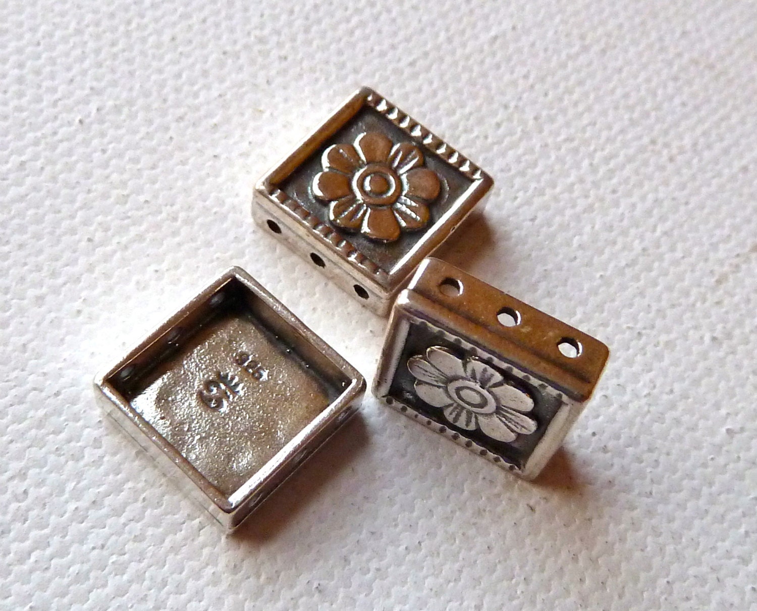 Sterling Silver 3 Hole Floral Separator Beads Flower Pattern 12mm