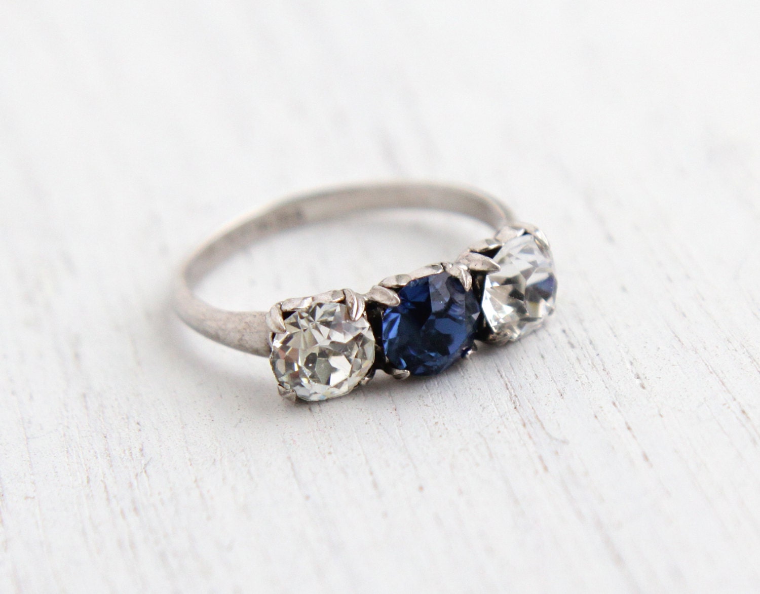 Vintage Sterling Silver Faux Diamond & Sapphire Ring 1940s