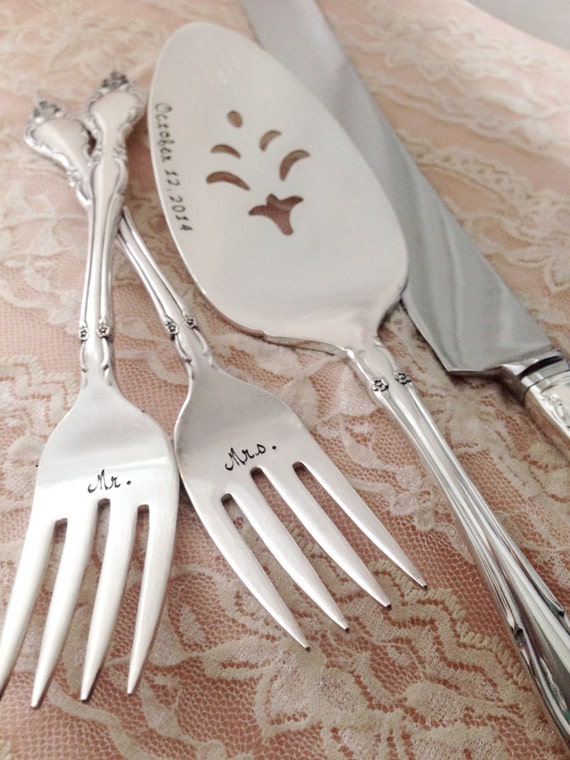 Hand stamped forks cake server and knife SET by LoreleiVella