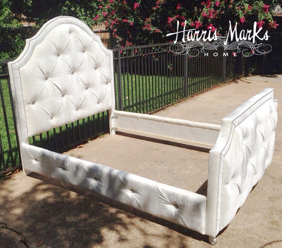 Tufted Headboard White Ivory Velvet Rhinestone by HarrisMarksHome
