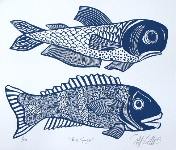 linocut, Big Guys, Fish, blue, ocean, fishing, gift for him, blue and white