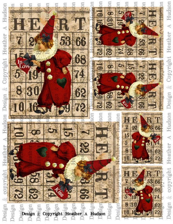 Prim Primitive Folk Art Valentine's Red Clown Bingo Card Focals ATC Digital Collage sheet Printable