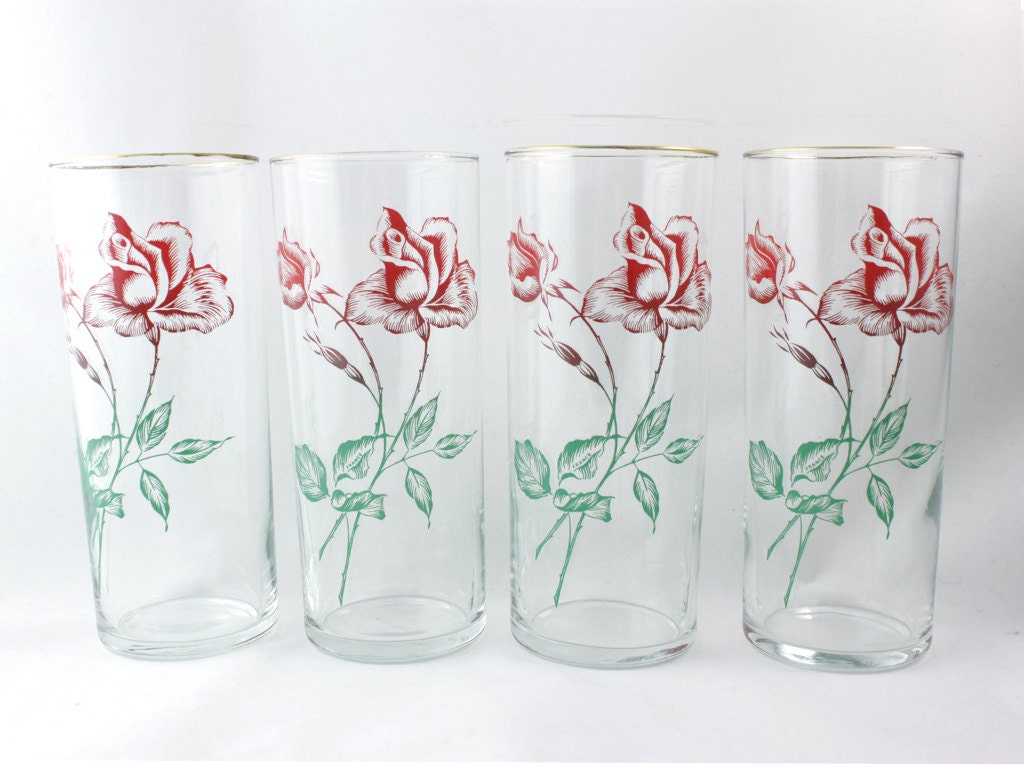 Vintage Drinking Glasses Glass Red Rose Floral Roses Green