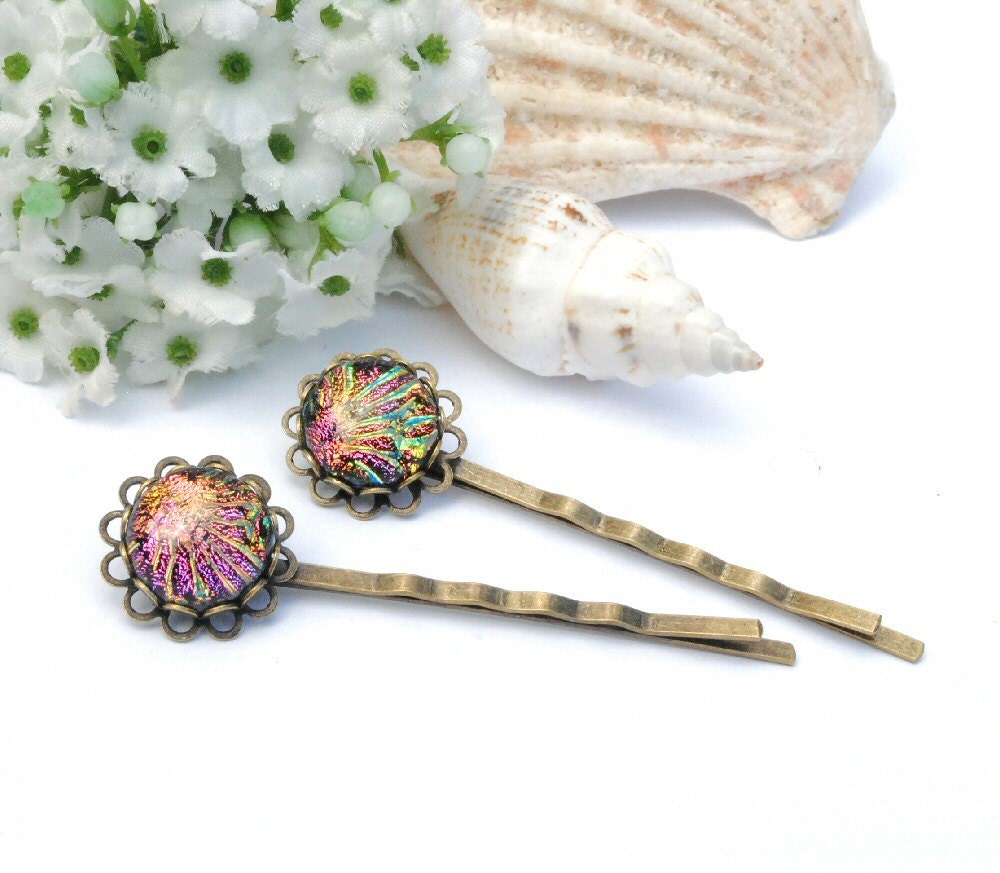 Dichroic Bobby Pins one pair Fused Glass Hair by IntoTheLight