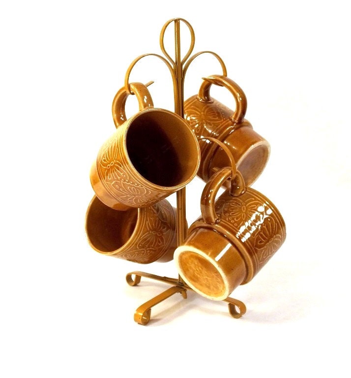 Classic 1970s Harvest Gold Coffee Mug Tree Butterfly Motif