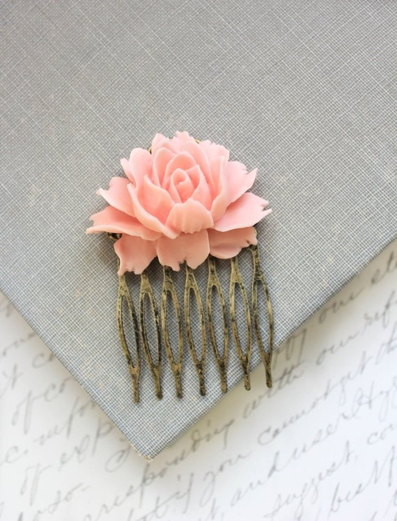 Pink Rose Comb Romantic Floral Comb Metal Hair Comb Peach