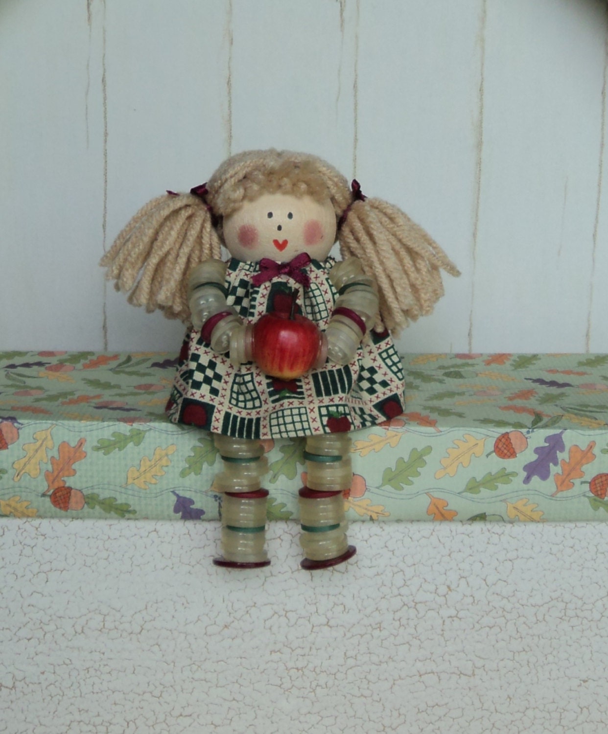 School Girl Button Doll With Apple