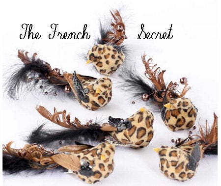 Chic Christmas 3 Leopard Animal Print Safari Bird Ornament Decor Xmas Feather Tree Victorian Shabby French Country Rustic Wreath Centerpiece