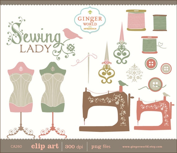 Vintage Sewing Lady clip art hand drawn clipart by GingerWorld