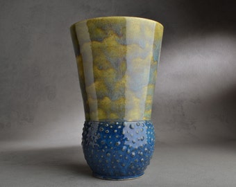 Utensil Holder Vase Ready To Ship Wheel Thrown Blue and Speckled Green Vase by Symmetrical Pottery