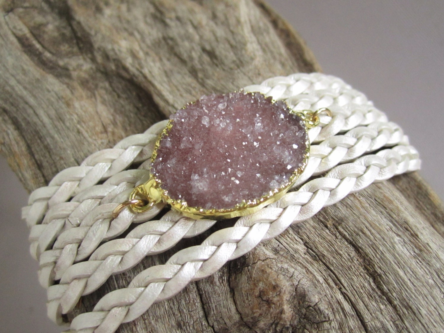 Leather Druzy Bracelet Drusy Quartz Braided Pearl White Wrap