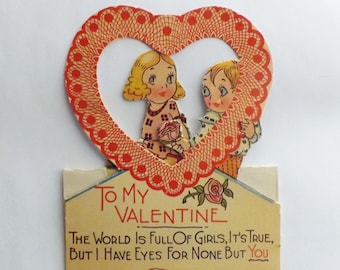 Vintage Valentine card die cut little girl and boy folding heart shaped cut out ephemera